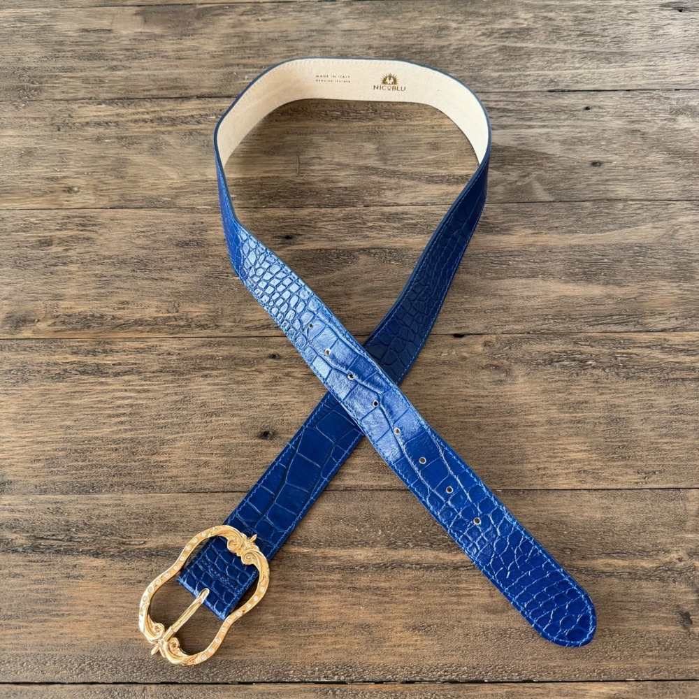 Nicoblu Womens Blue Croc Embossed Leather Belt Gold Crystal Ornate Buckle Large